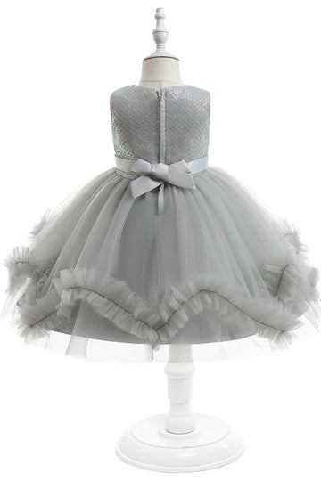 Cinzento sem mangas tule flor vestido de menina com Bowknot